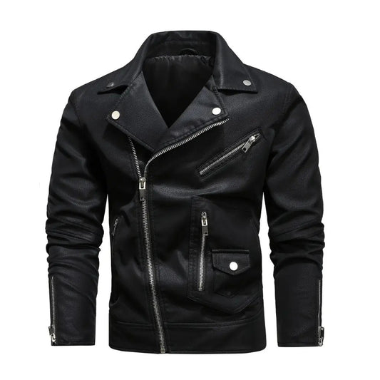 Men's black leather jacket with asymmetric front zip and notch lapel collar