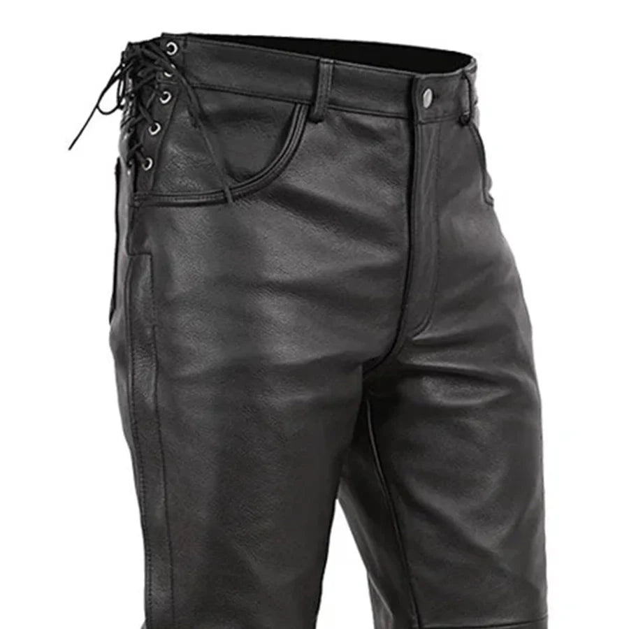 Black leather pants with lace-up details on a white background
