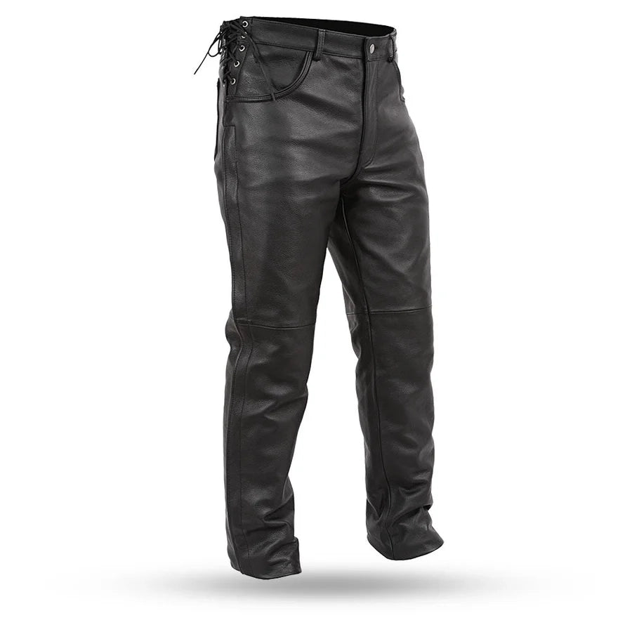 Men’s black leather motorcycle pants with lace-up waist and panel detailing