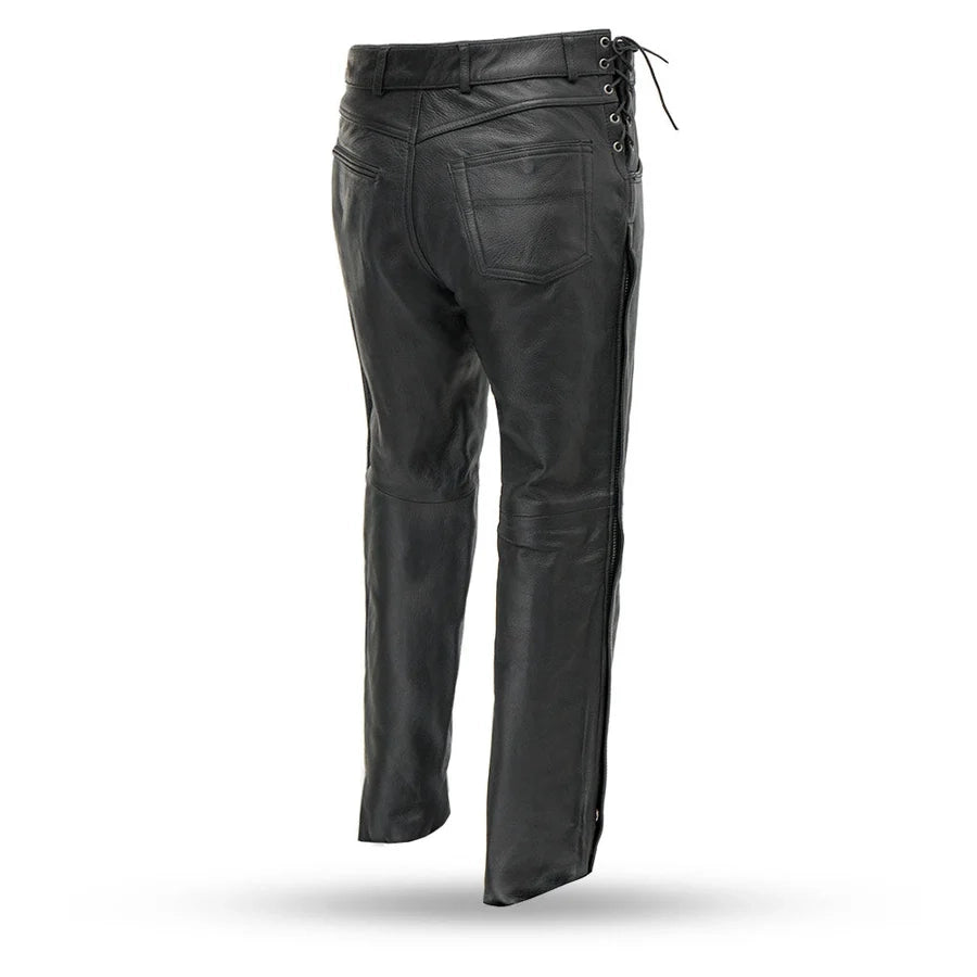 Men’s black leather motorcycle pants with lace-up waist side view