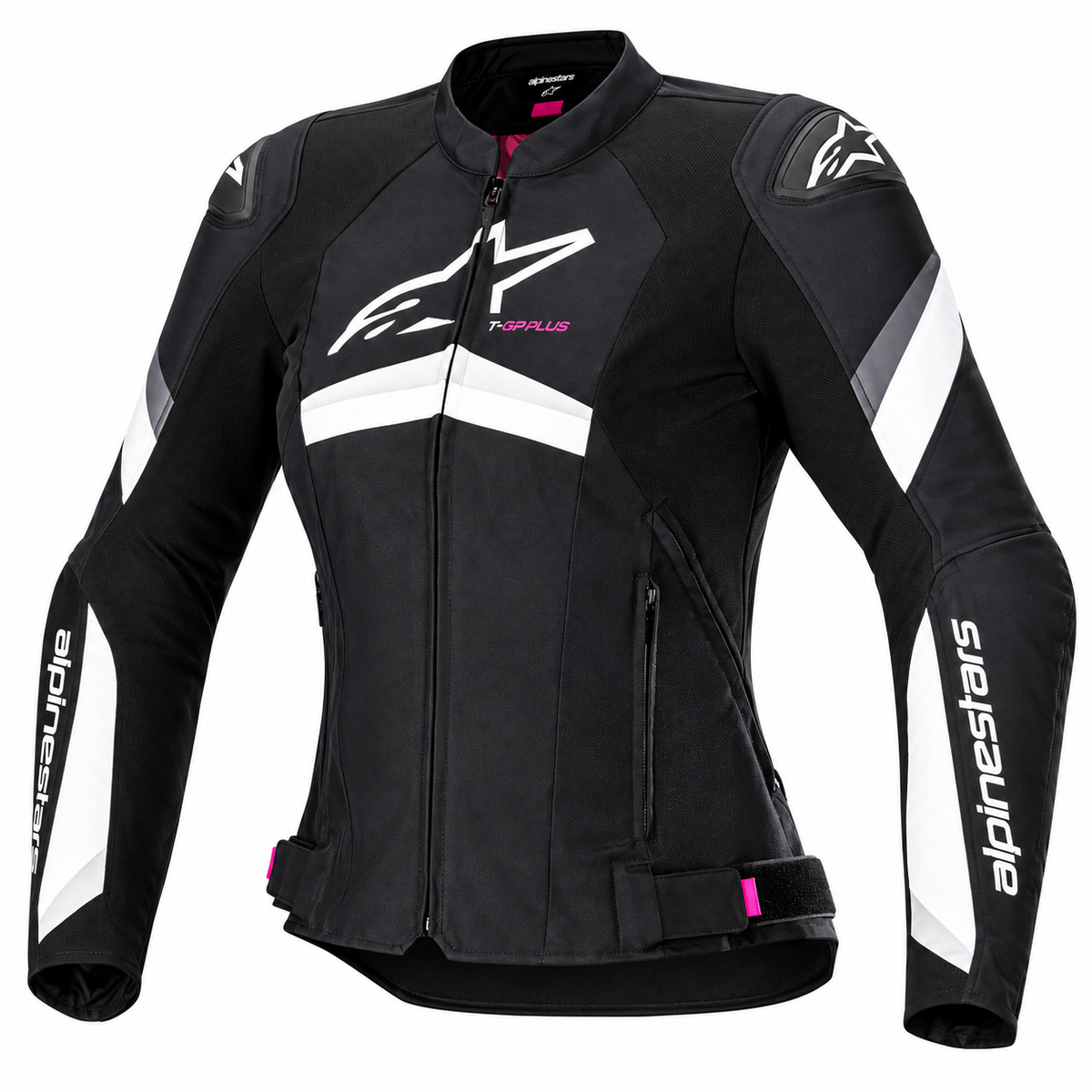 Black motorcycle jacket with racing-style white sleeve panels