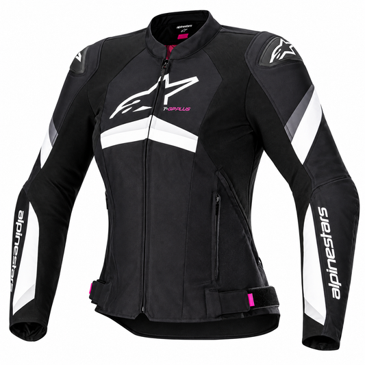 Black motorcycle jacket with racing-style white sleeve panels