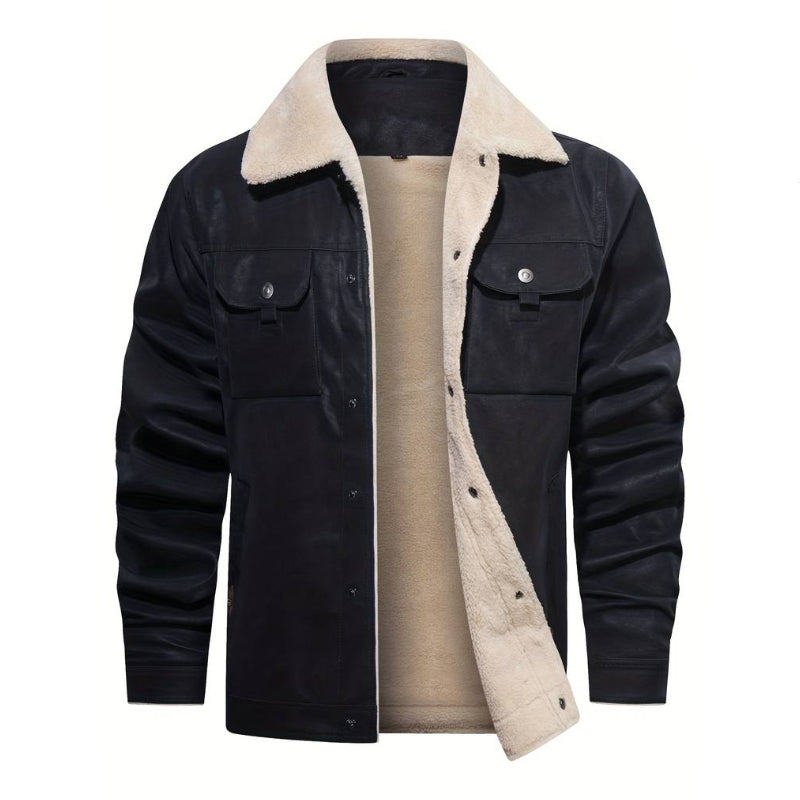 Men’s black shearling-lined winter jacket with cream collar and chest pockets by Leathers Crafted