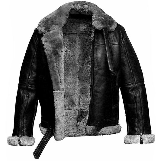 Men’s black shearling leather jacket with warm lining and oversized shearling collar by Leathers Crafted