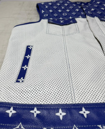 Men’s Blue & White Leather Motorcycle Vest – Custom Biker Vest