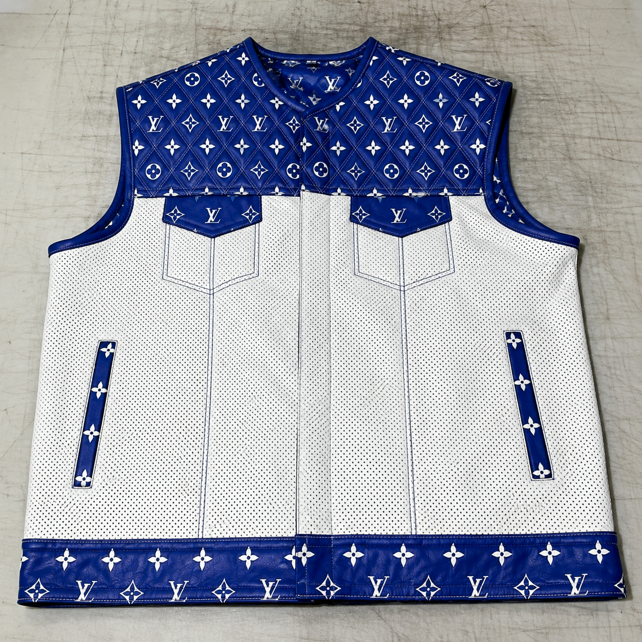 Men’s Blue & White Leather Motorcycle Vest – Custom Biker Vest