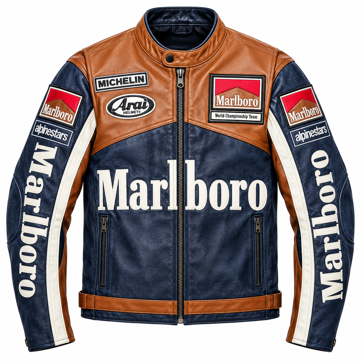 Brown and navy men's motorcycle leather jacket front view with cream racing panels