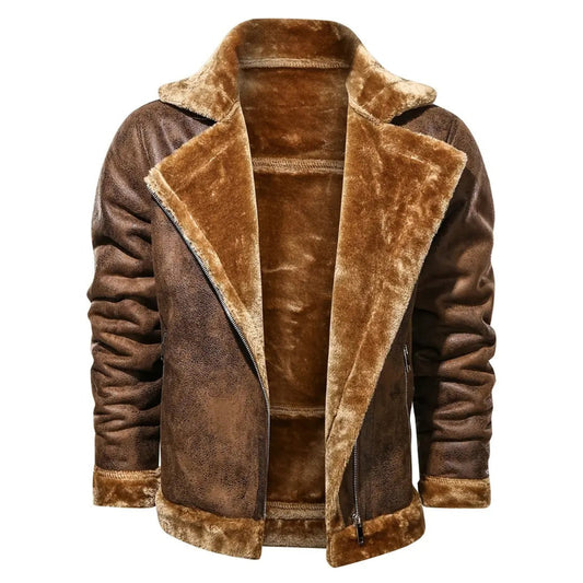 Men’s brown shearling leather jacket with warm lined interior and shearling collar by Leathers Crafted