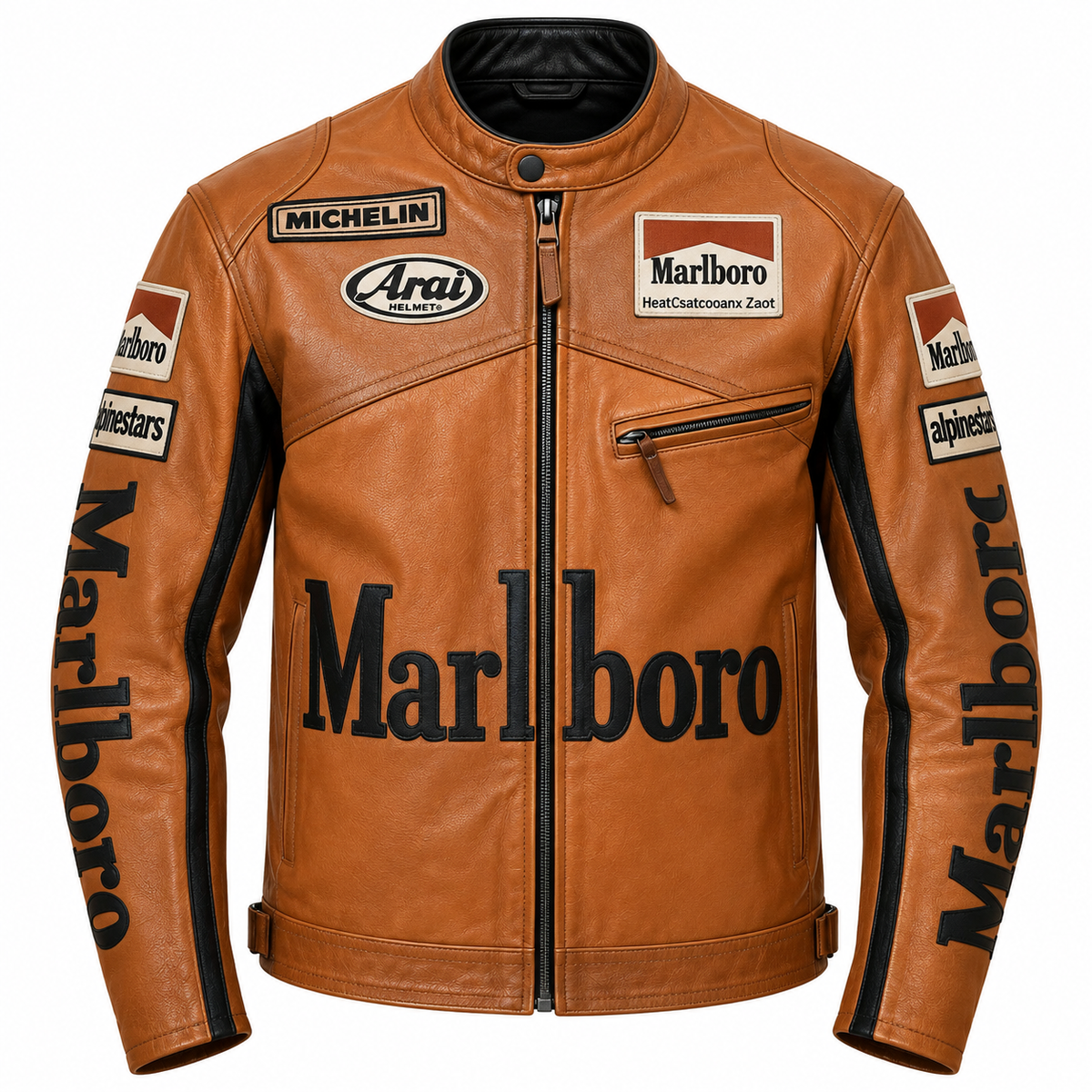 A tan leather motorcycle jacket featuring prominent Marlboro logos on the front and sleeves, along with sponsor patches for Michelin, Arai, and Alpbhester, displayed on a clean white background.