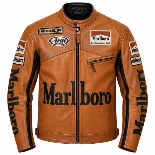 A tan leather motorcycle jacket featuring prominent Marlboro logos on the front and sleeves, along with sponsor patches for Michelin, Arai, and Alpbhester, displayed on a clean white background.