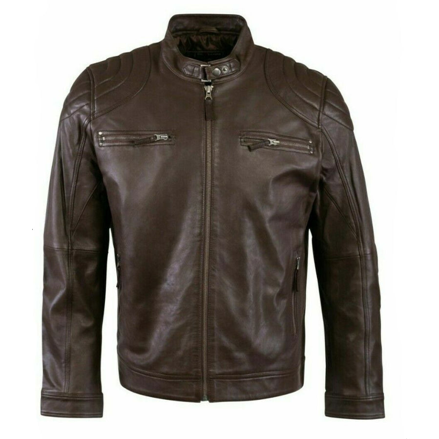 Men's dark brown genuine leather jacket with quilted shoulder panels and snap-tab collar