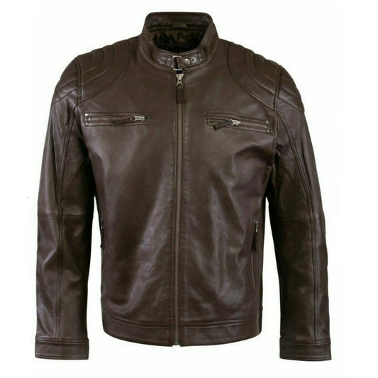 Men's dark brown genuine leather jacket with quilted shoulder panels and snap-tab collar