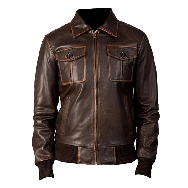 Men's dark brown leather bomber jacket with chest pockets, front zip and ribbed cuffs by Leathers Crafted