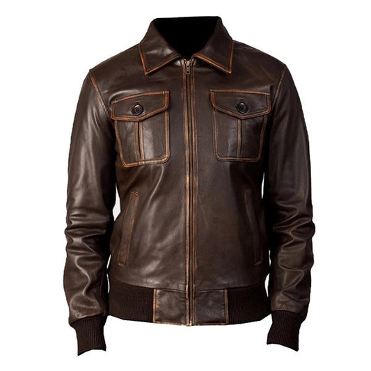 Men's dark brown leather bomber jacket with chest pockets, front zip and ribbed cuffs by Leathers Crafted