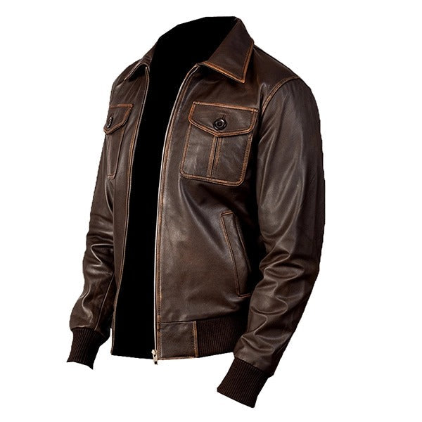 Men's dark brown leather bomber jacket 