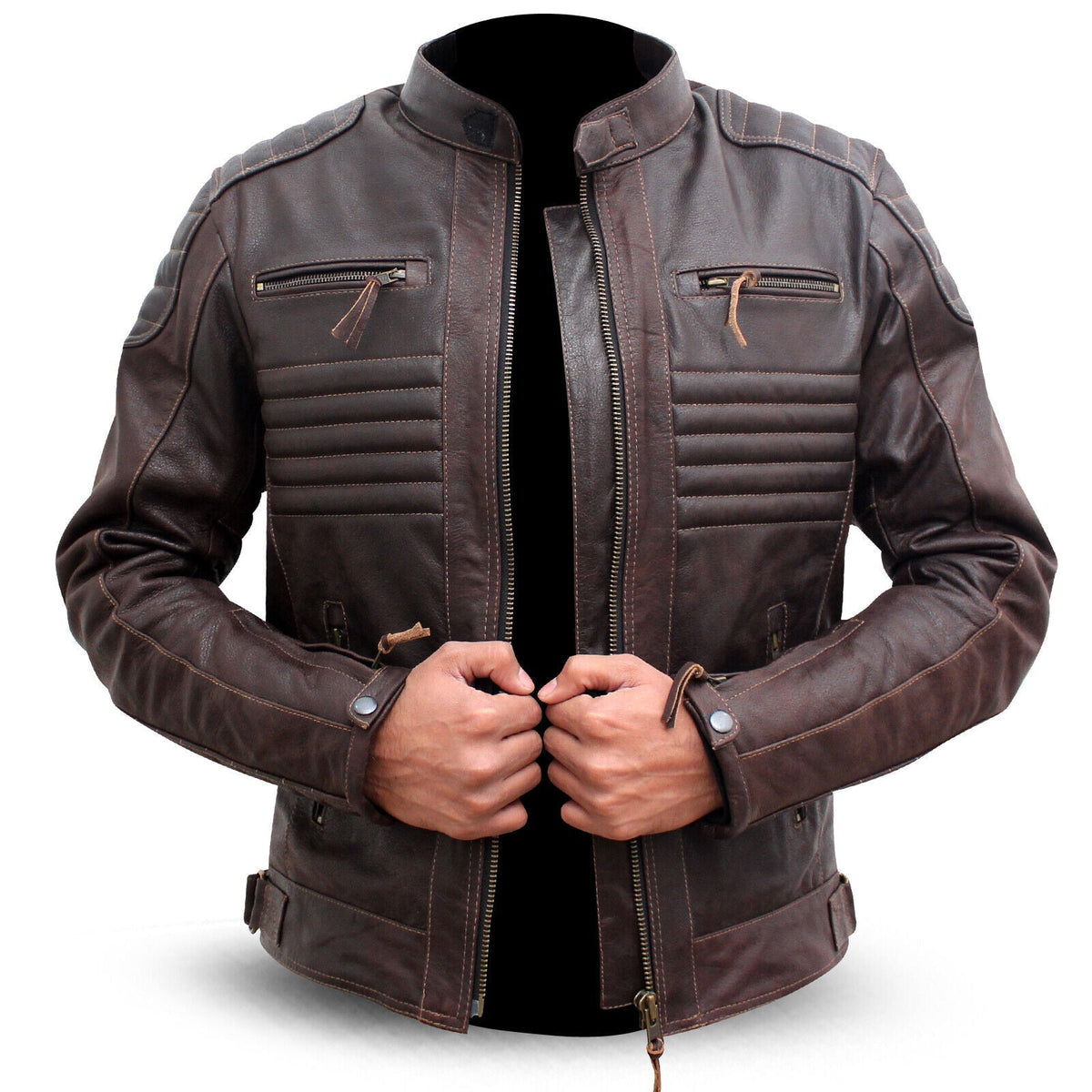 Men's distressed brown genuine leather jacket with ribbed chest panels and leather pull zippers
