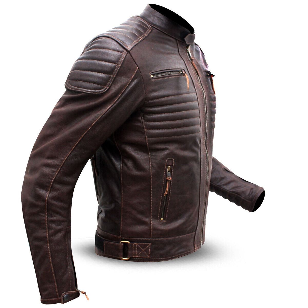 Men's Vintage Brown Leather Biker Jacket – Classic Moto Style with Quilted Detailing Leathers Crafted