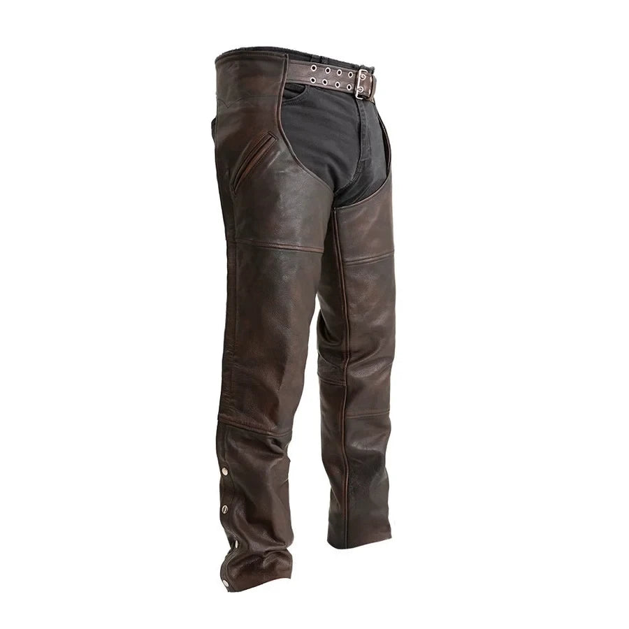 Men's distressed brown genuine leather motorcycle chaps with grommet belt closure