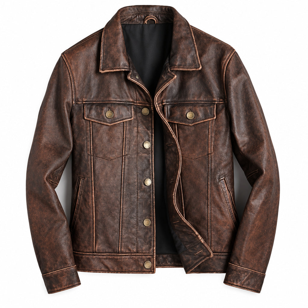 Men's distressed brown genuine leather trucker jacket with western snap-button front