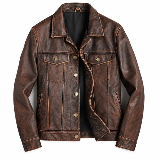 Men's distressed brown genuine leather trucker jacket with western snap-button front