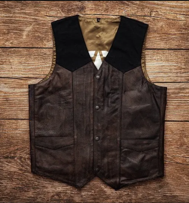Men's distressed brown genuine leather western vest with black yoke and snap front closure