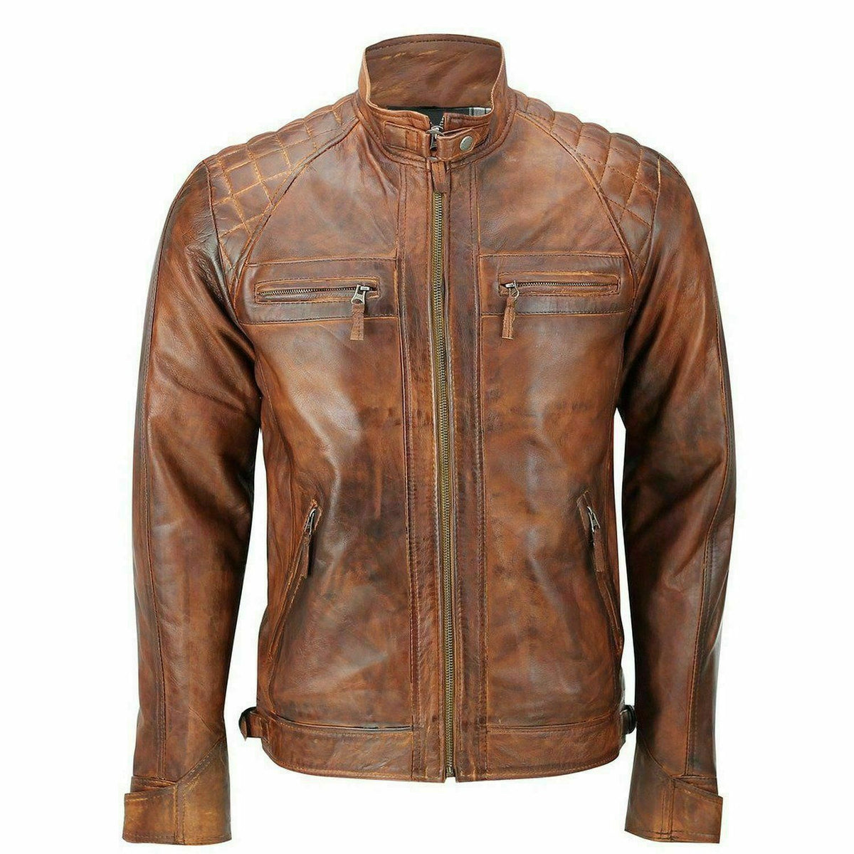 Men's distressed brown motorcycle leather jacket with quilted shoulders and multiple zip pockets by Leathers Crafted