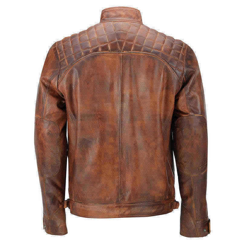 Brown Leather Biker Jacket With Shoulder Panel and double pocket style Leathers Crafted