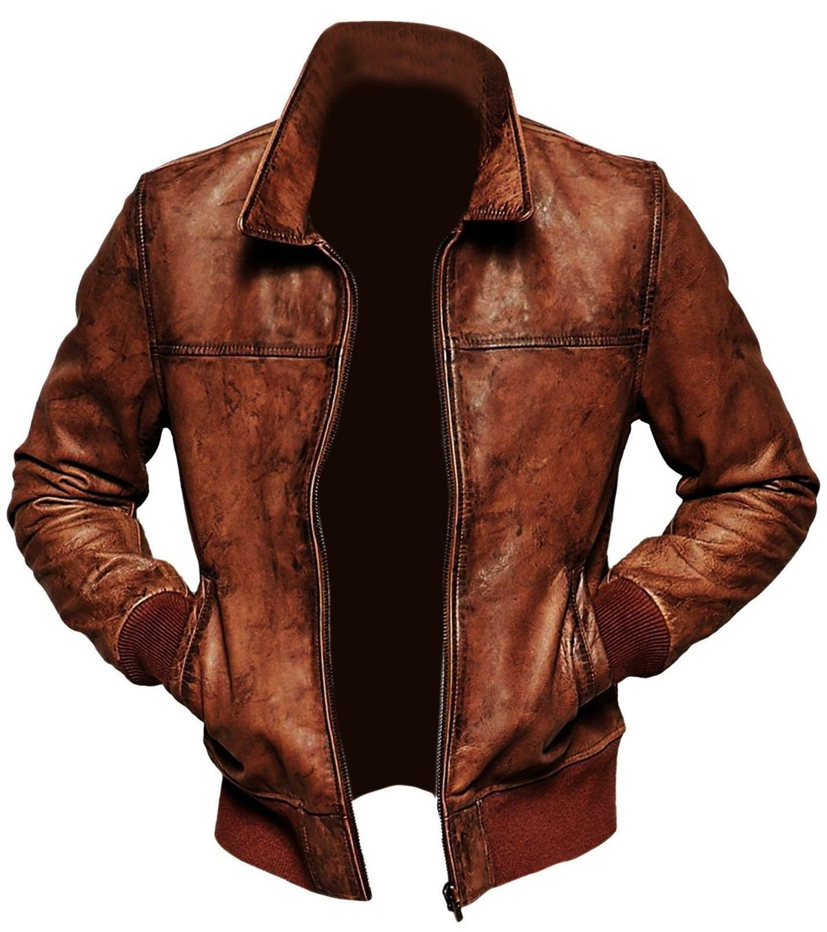 Men's distressed tan brown genuine leather bomber jacket with notch collar and ribbed hem