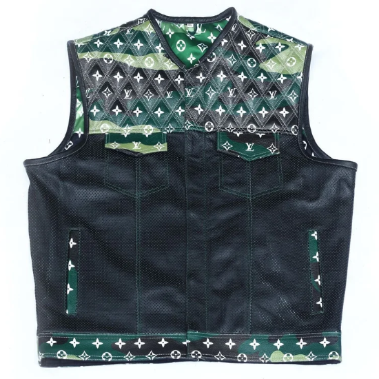 Men’s green and black leather motorcycle vest with patterned panels