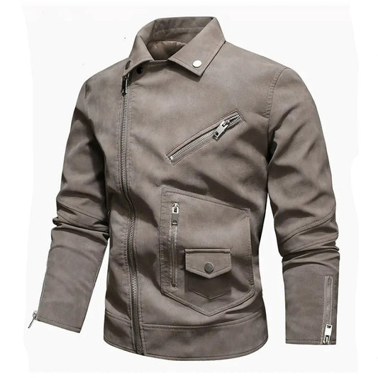 Men’s grey leather biker jacket with asymmetric zip and multiple pockets by Leathers Crafted