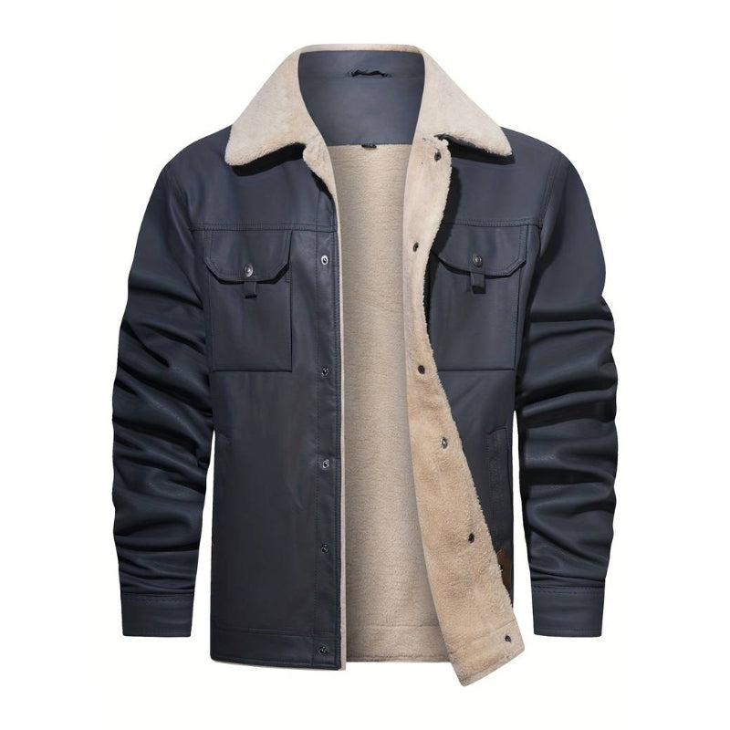 Men’s navy blue shearling leather jacket with cream lining and collar by Leathers Crafted