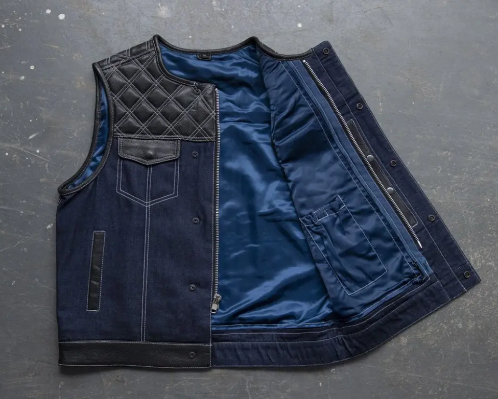 Men's Denim & Leather Motorcycle Vest – Navy Denim, Quilted Leather Yoke