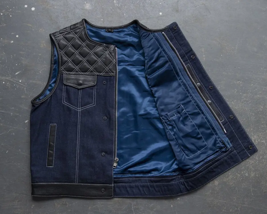 Men's Denim & Leather Motorcycle Vest – Navy Denim, Quilted Leather Yoke
