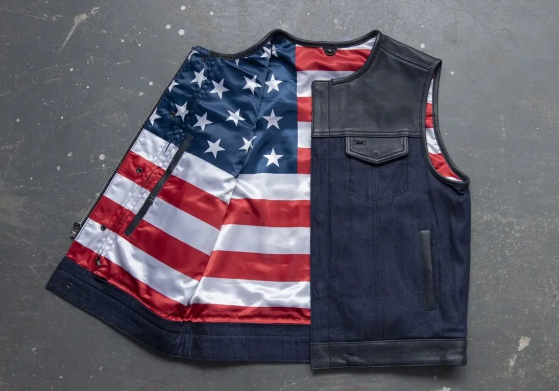 Men's Navy Denim & Leather Motorcycle Vest – American Flag Lining