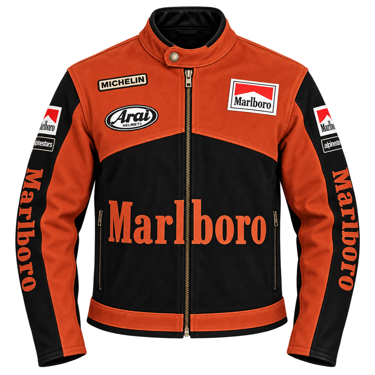 Orange and black vintage racing motorcycle leather jacket for men 
Marlboro 