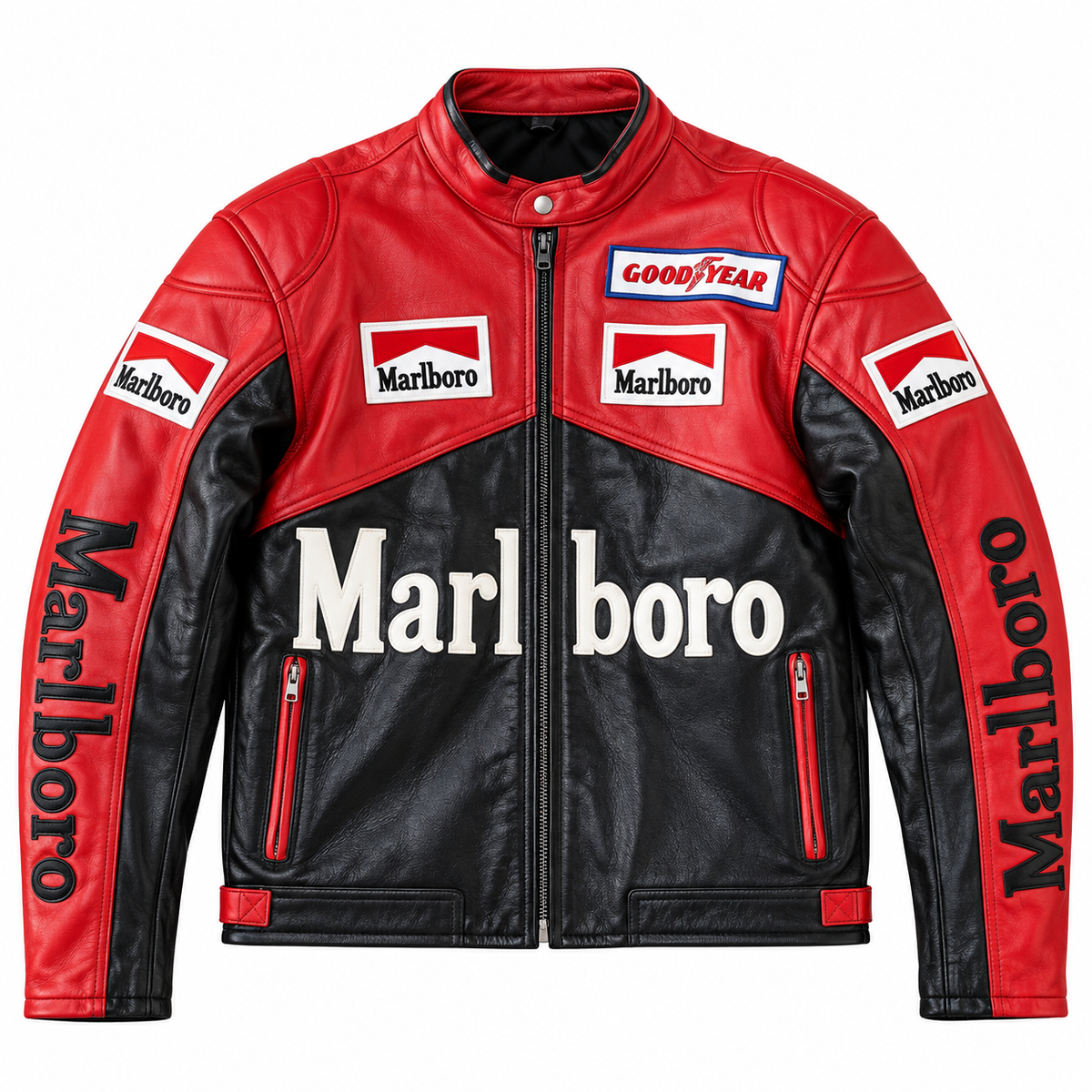 A red and black leather motorcycle jacket featuring Marlboro and Goodyear branding, displayed on a clean white background.