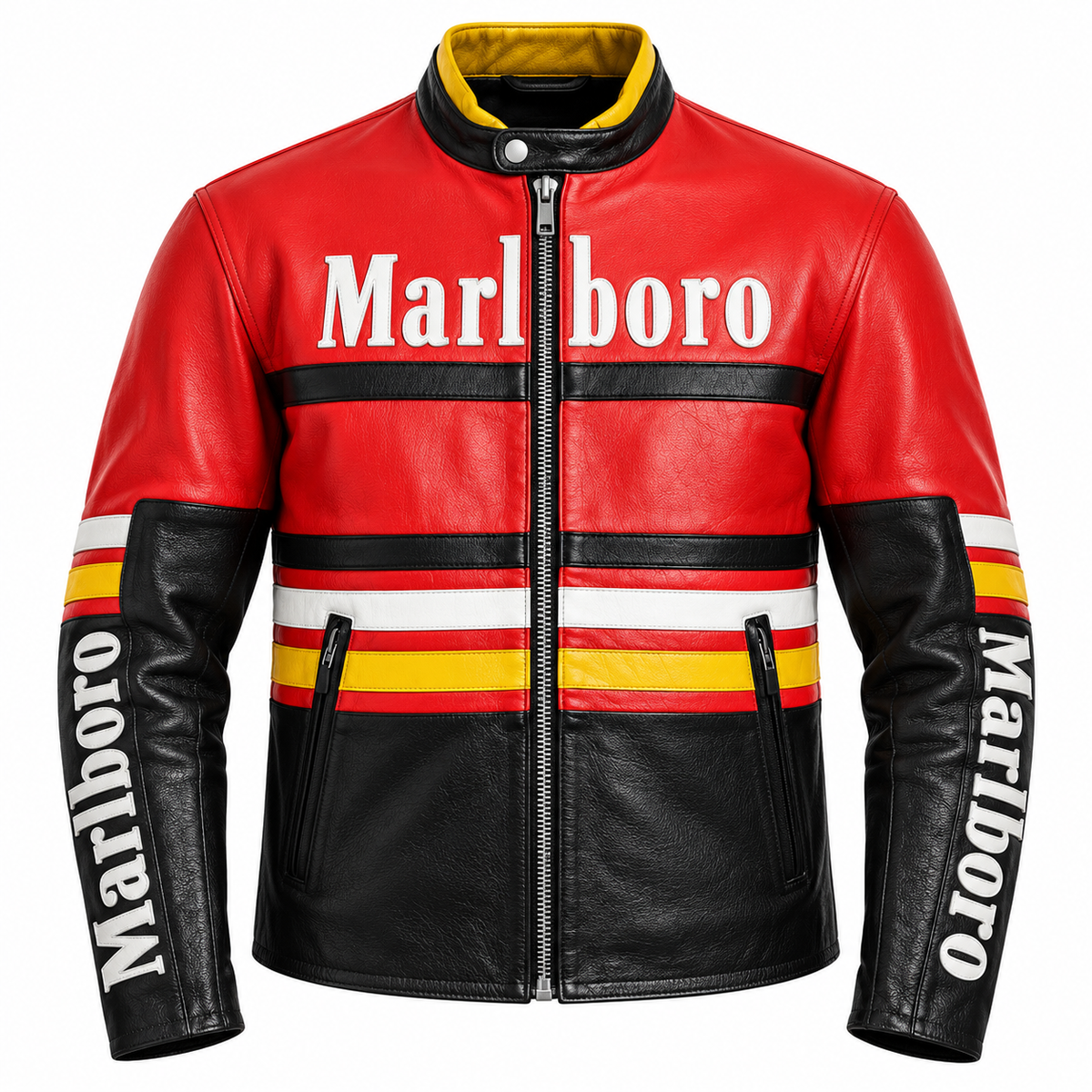 A red and black leather jacket with white, yellow, and red stripes, featuring 'Marlboro' branding across the chest and down both sleeves, shown on a plain white background.