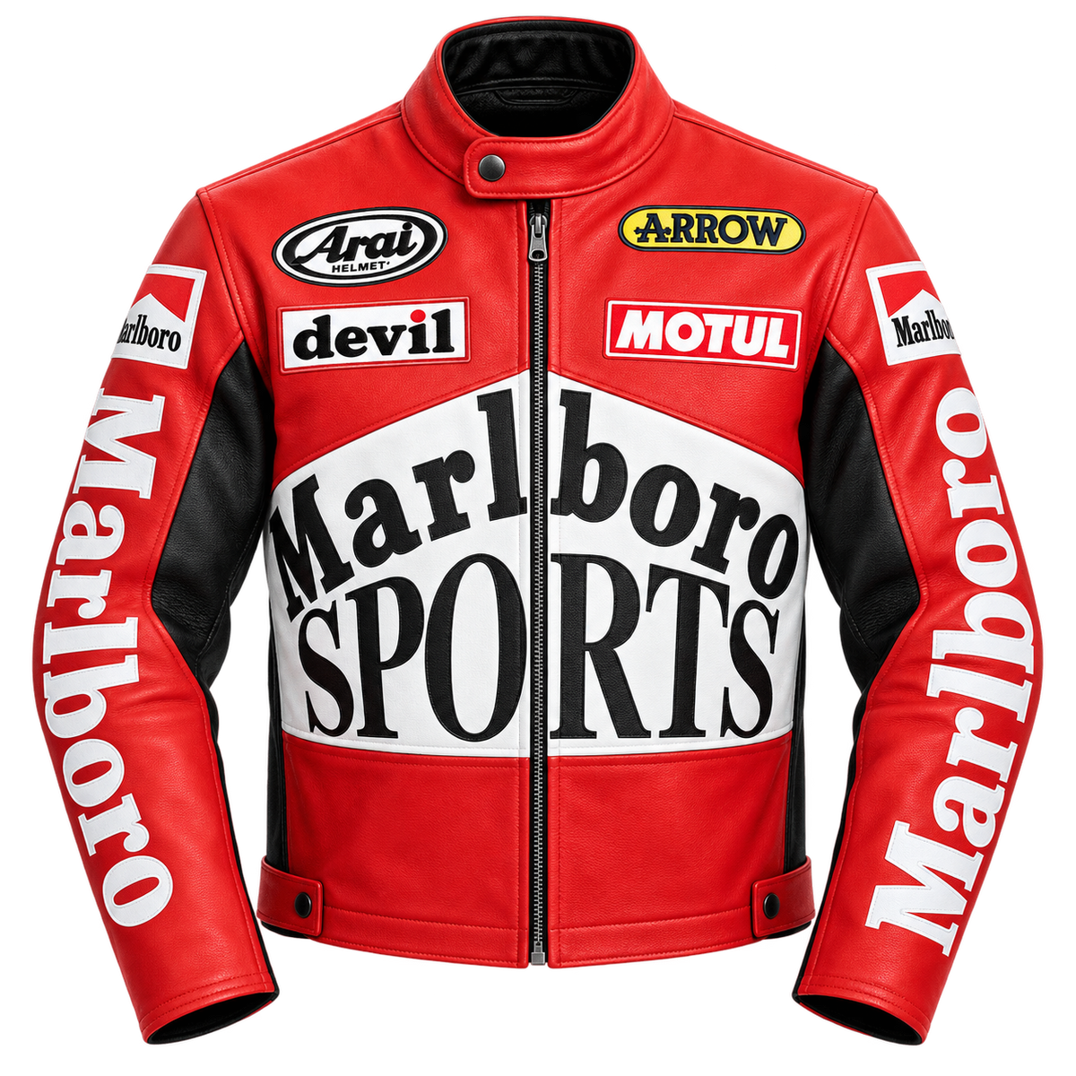 A red leather motorcycle racing jacket featuring sponsor logos including Marlboro, Aral, Devil, and Motul, with a white and black central graphic and white Marlboro lettering down the sleeves.