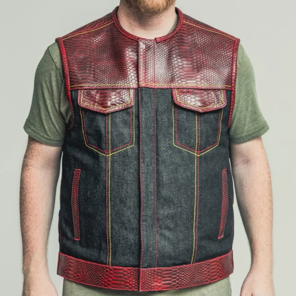 Men’s red crocodile-textured leather motorcycle vest with dark body