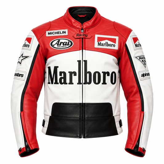 A red, white, and black leather motorcycle racing jacket featuring prominent Marlboro, Michelin, and Arai branding, displayed on a clean white background.