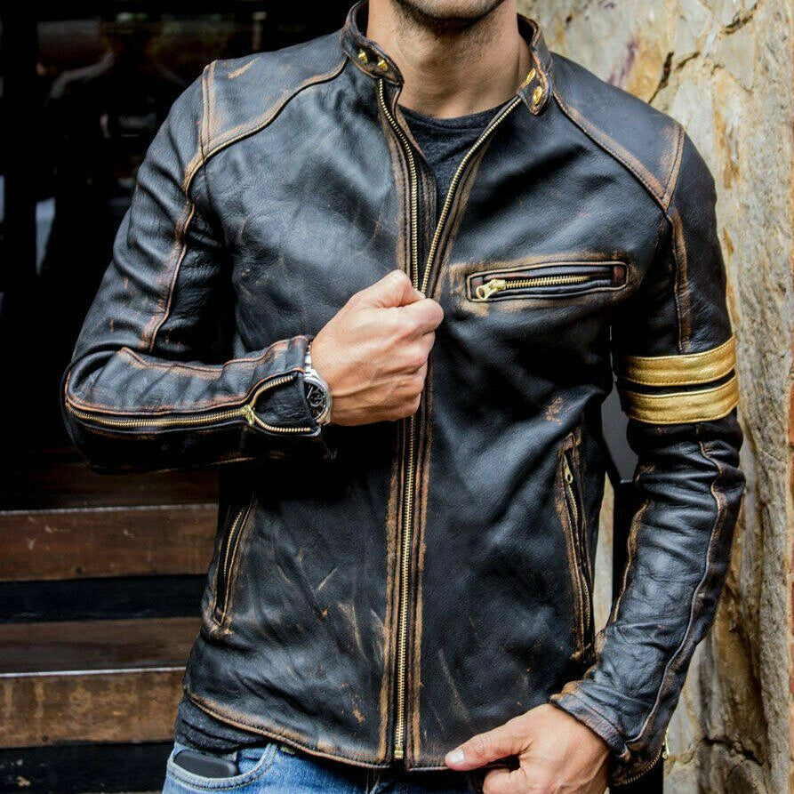Men's rub-off black genuine leather jacket with gold racing stripe on sleeve