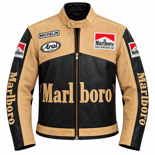 A suede and leather motorcycle jacket styled after a racing suit, featuring tan and black panels with prominent Marlboro logos, a Michelin logo, and an Arai helmet logo on the chest.