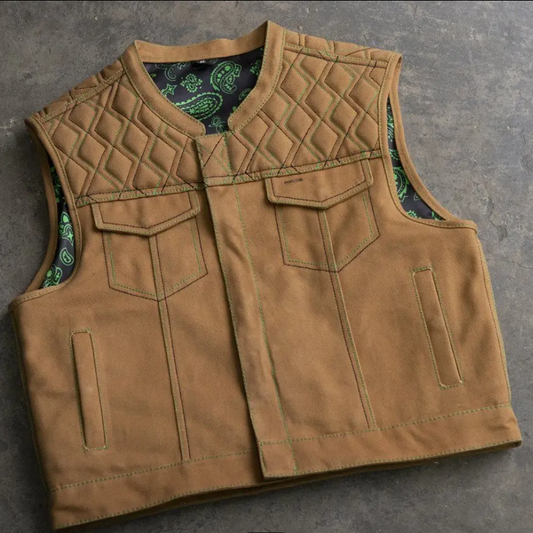 Men's tan canvas motorcycle vest with diamond-quilted yoke and green paisley lining