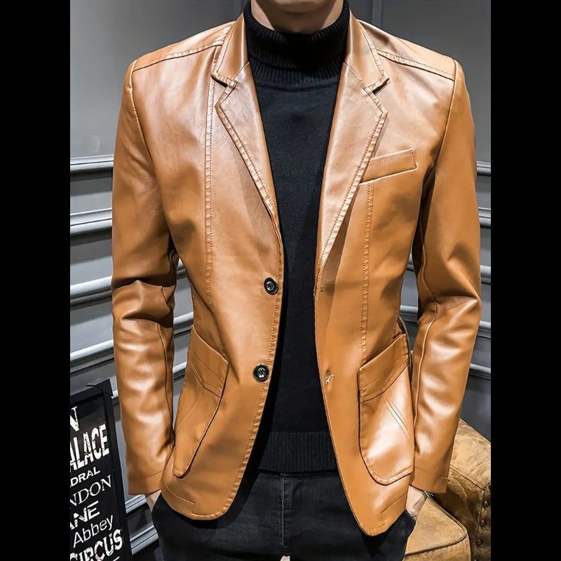 Men's tan leather blazer with notch lapel and two-button closure