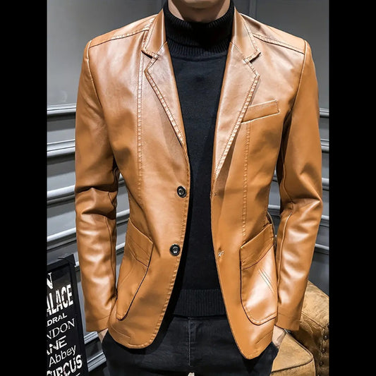 Men's tan leather blazer with notch lapel and two-button closure