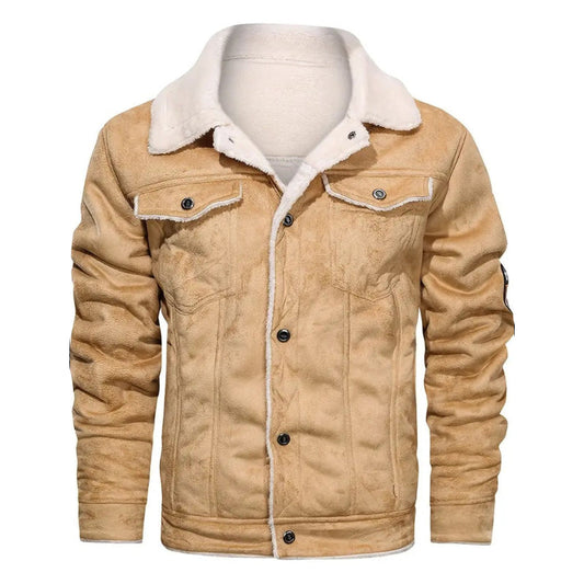 Men’s tan shearling leather jacket with white collar and warm lining by Leathers Crafted