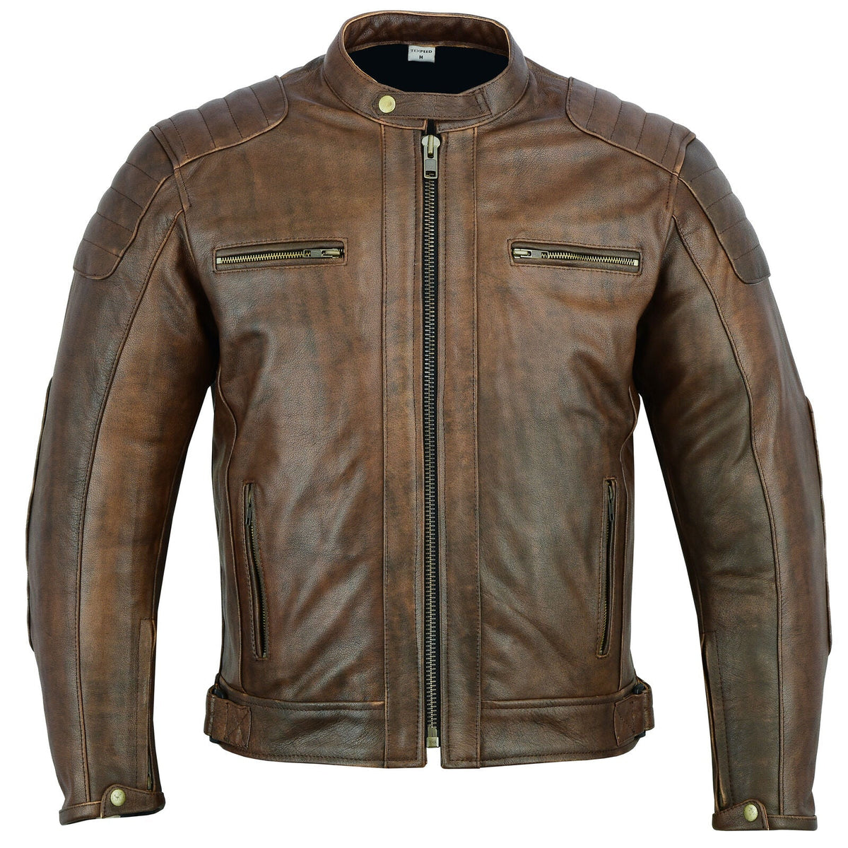 Men's vintage antique brown genuine leather jacket with snap collar and belted waist