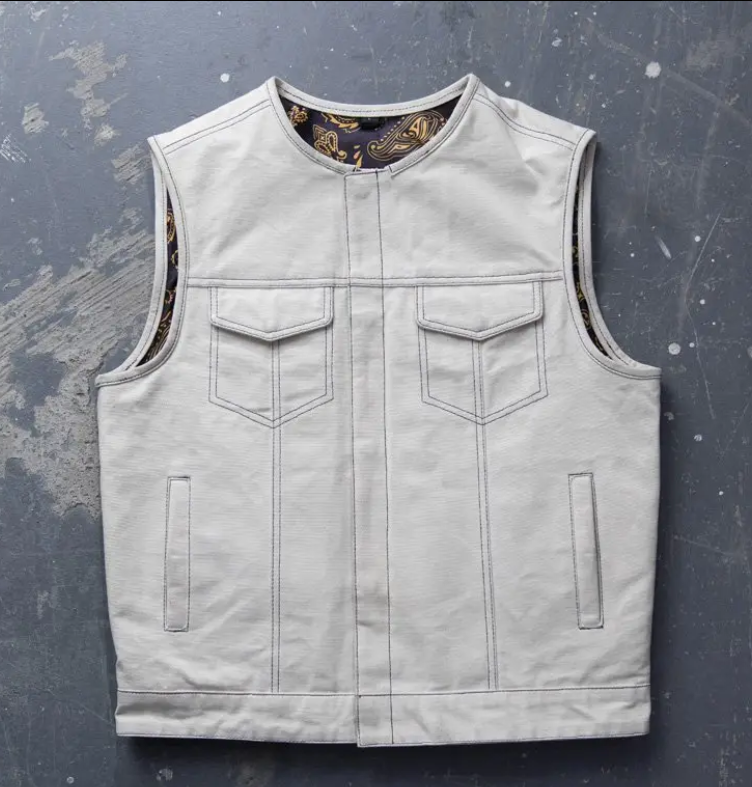Men's white genuine leather motorcycle vest with paisley lining and flap chest pockets