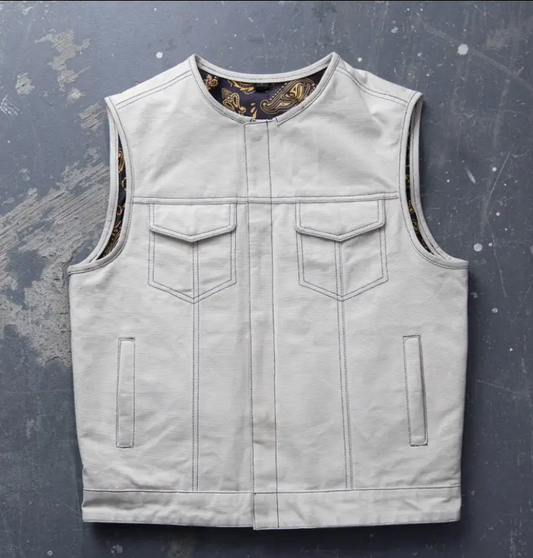 Men's white genuine leather motorcycle vest with paisley lining and flap chest pockets