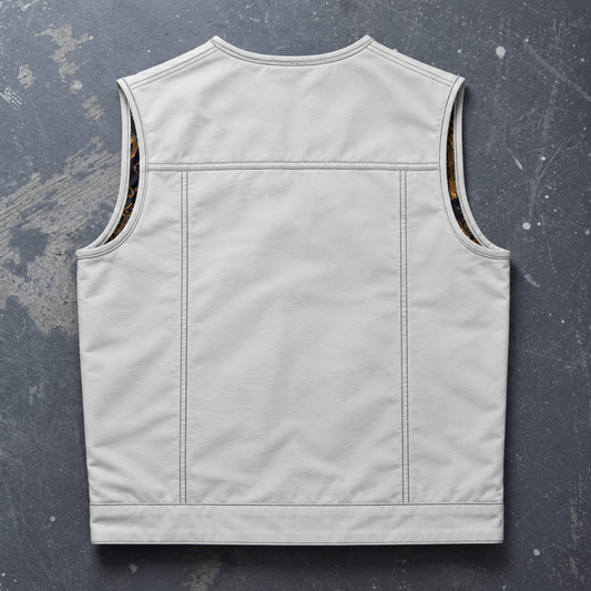 Men's White Leather Motorcycle Vest – Collarless Club Vest with Paisley Lining